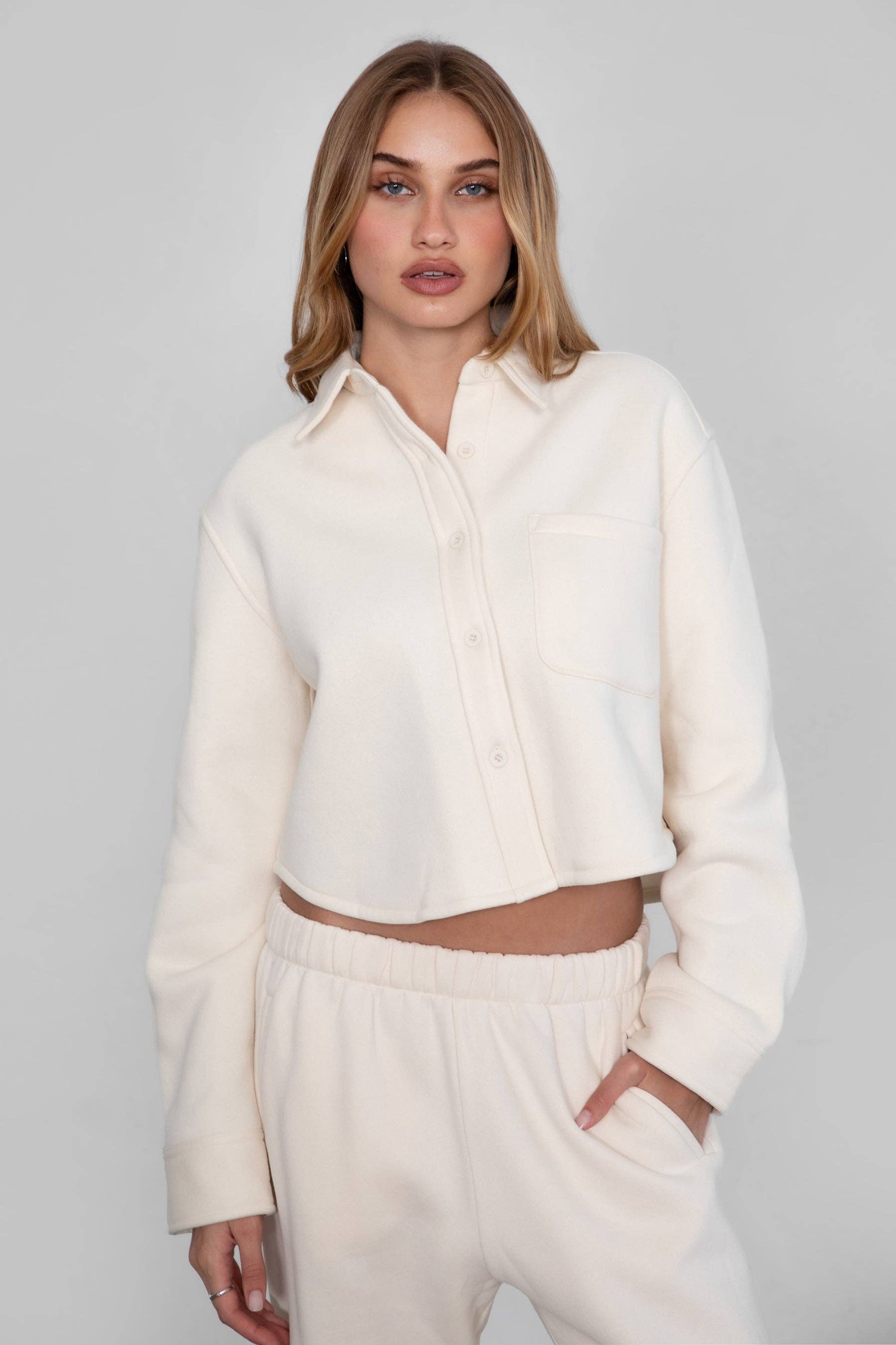 JENNIE  Plush Fleece Lounge Cropped Button Shirt Shacket