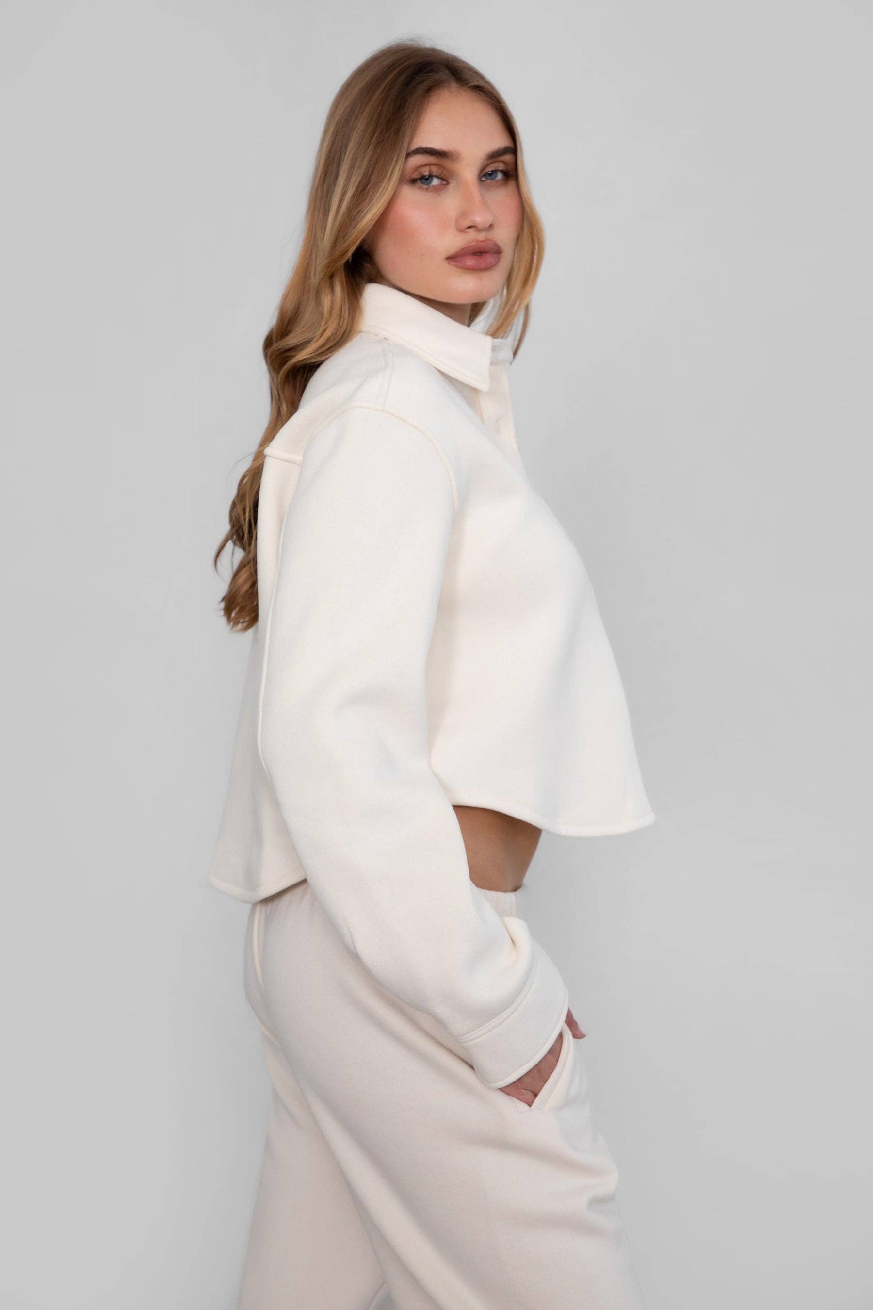 JENNIE  Plush Fleece Lounge Cropped Button Shirt Shacket